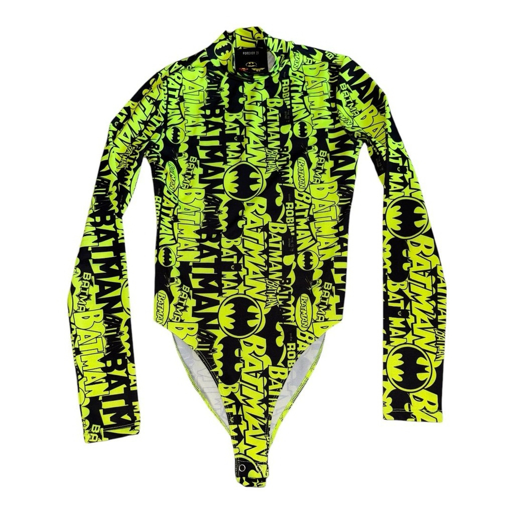 Forever 21- Size S Neon Yellow and Black Batman Graphic Bodysuit-Mini Turtleneck